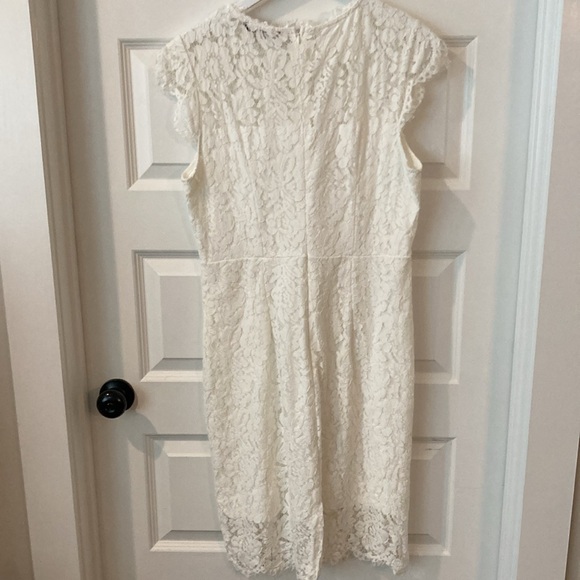 White Sheath Lace Dress with Flutter Cap Sleeves - Picture 8 of 10